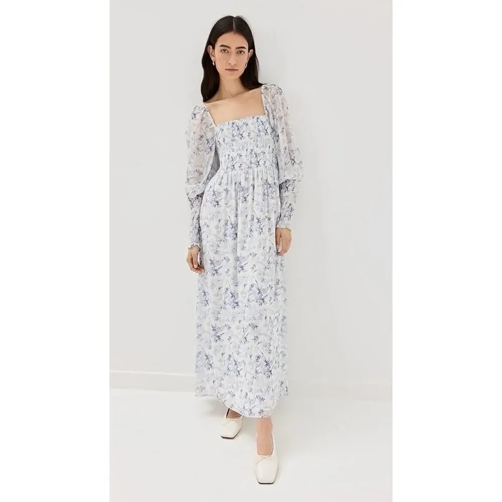 Hill House Home Angelica Nap Dress XS Blue Floral Long Sleeve 100% Viscose